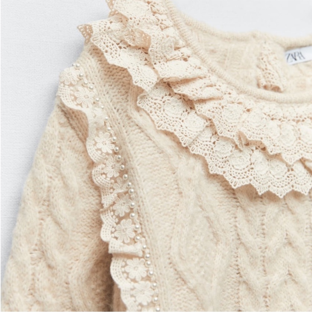 BOGO! ZARA Lace Ruffle Collar Pearl Cable Knit Sweater Cream Small - Picture 4 of 11